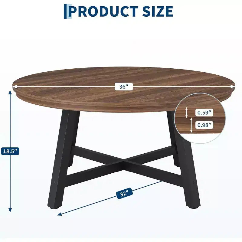 Table basse ronde 36" grande table centrale, tables d'appoint noires avec pieds réglables, pieds épaissis et veinure du bois travaillée pour la maison ou le bureau