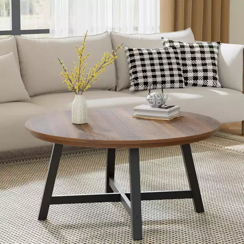 Table basse ronde 36" grande table centrale, tables d'appoint noires avec pieds réglables, pieds épaissis et veinure du bois travaillée pour la maison ou le bureau