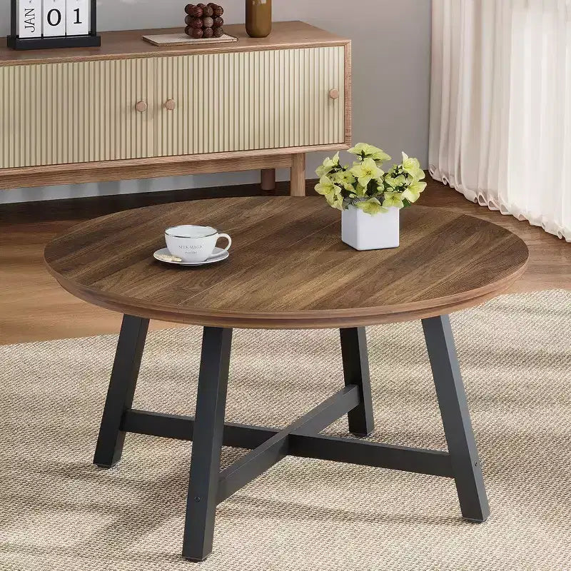 Table basse ronde 36" grande table centrale, tables d'appoint noires avec pieds réglables, pieds épaissis et veinure du bois travaillée pour la maison ou le bureau