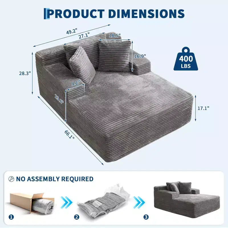 Grand fauteuil inclinable surdimensionné 49, canapé-lit rembourré avec 3 oreillers, canapé sans armature pour salon et chambre, gris
