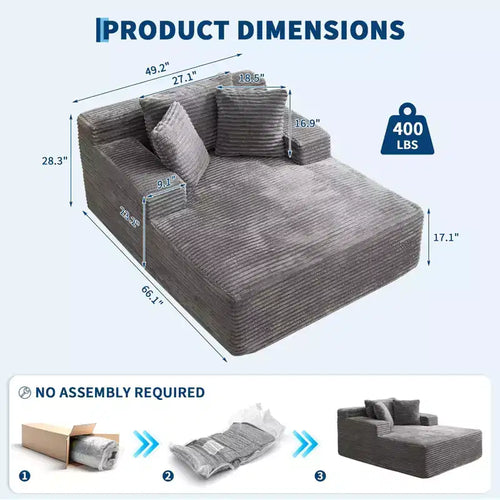 Grand fauteuil inclinable surdimensionné 49, canapé-lit rembourré avec 3 oreillers, canapé sans armature pour salon et chambre, gris