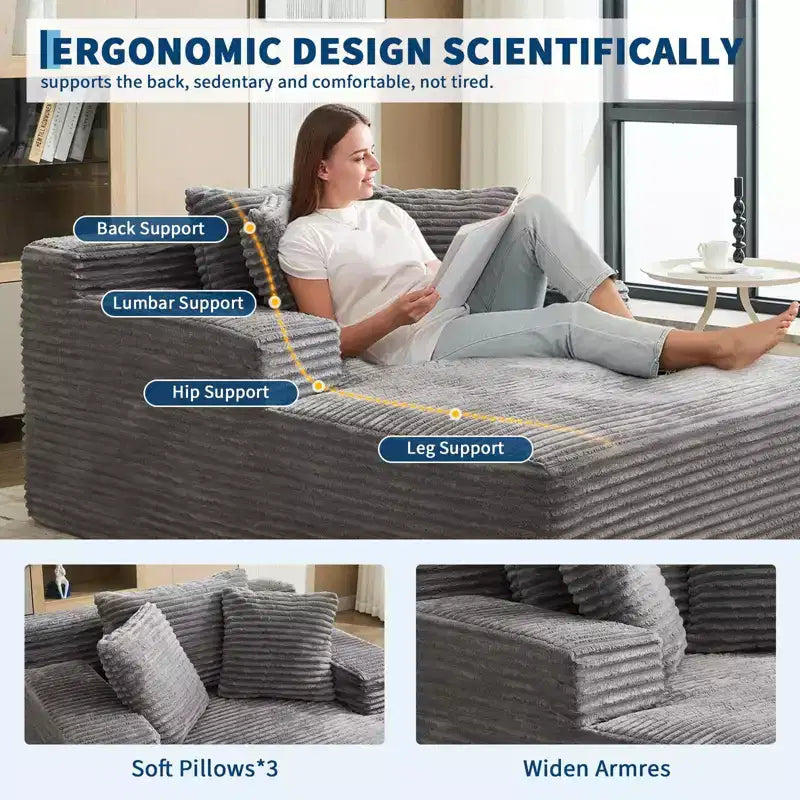 Grand fauteuil inclinable surdimensionné 49, canapé-lit rembourré avec 3 oreillers, canapé sans armature pour salon et chambre, gris