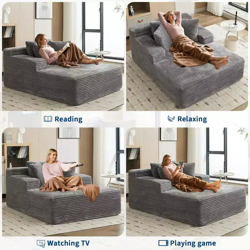 Grand fauteuil inclinable surdimensionné 49, canapé-lit rembourré avec 3 oreillers, canapé sans armature pour salon et chambre, gris