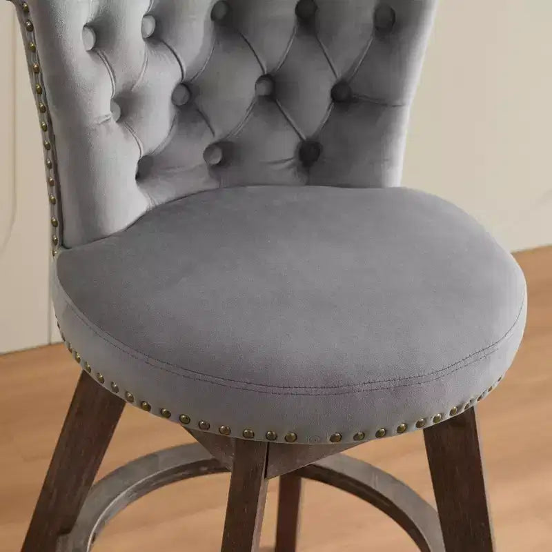 Okak Lot de 2 tabourets de bar de 66 cm avec pivotant à 360°, tabourets de bar rembourrés en velours avec dossier capitonné et pieds en bois pour îlot de cuisine, bar à domicile