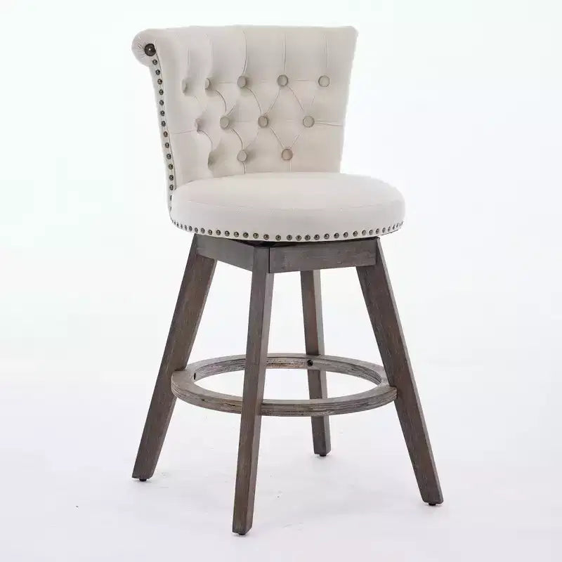 Okak Lot de 2 tabourets de bar de 66 cm avec pivotant à 360°, tabourets de bar rembourrés en velours avec dossier capitonné et pieds en bois pour îlot de cuisine, bar à domicile