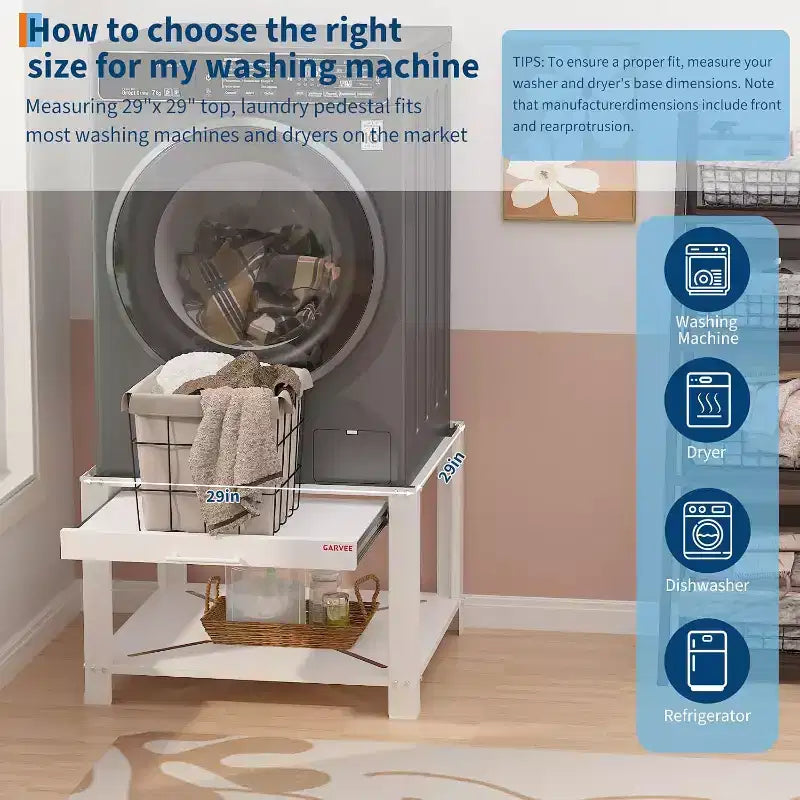 Pied de lave-linge et sèche-linge robuste de 74 cm, étagère coulissante anti-vibration avec base de rangement, capacité de 362 kg