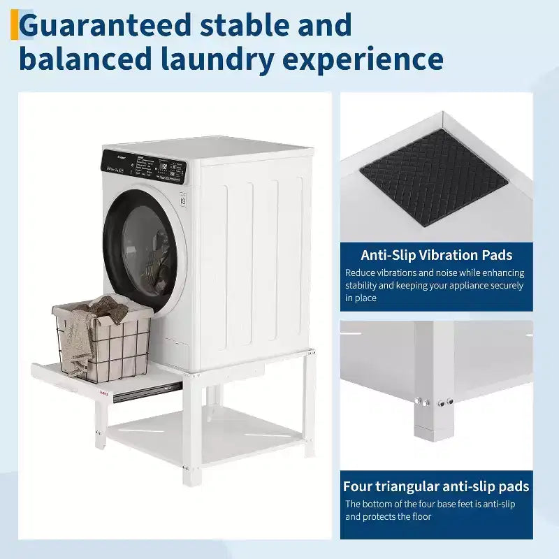 Pied de lave-linge et sèche-linge robuste de 74 cm, étagère coulissante anti-vibration avec base de rangement, capacité de 362 kg