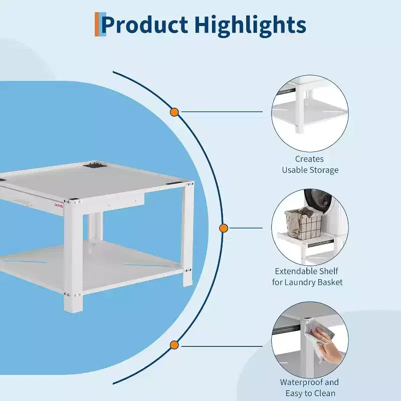 Pied de lave-linge et sèche-linge robuste de 74 cm, étagère coulissante anti-vibration avec base de rangement, capacité de 362 kg
