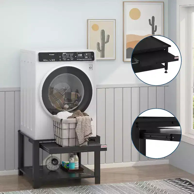 Pied de lave-linge et sèche-linge robuste de 74 cm, étagère coulissante anti-vibration avec base de rangement, capacité de 362 kg