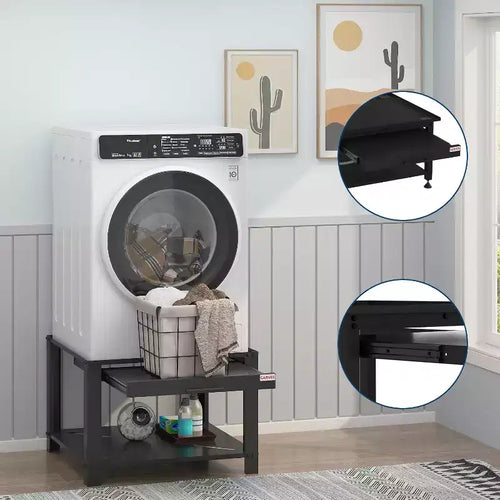 Pied de lave-linge et sèche-linge robuste de 74 cm, étagère coulissante anti-vibration avec base de rangement, capacité de 362 kg