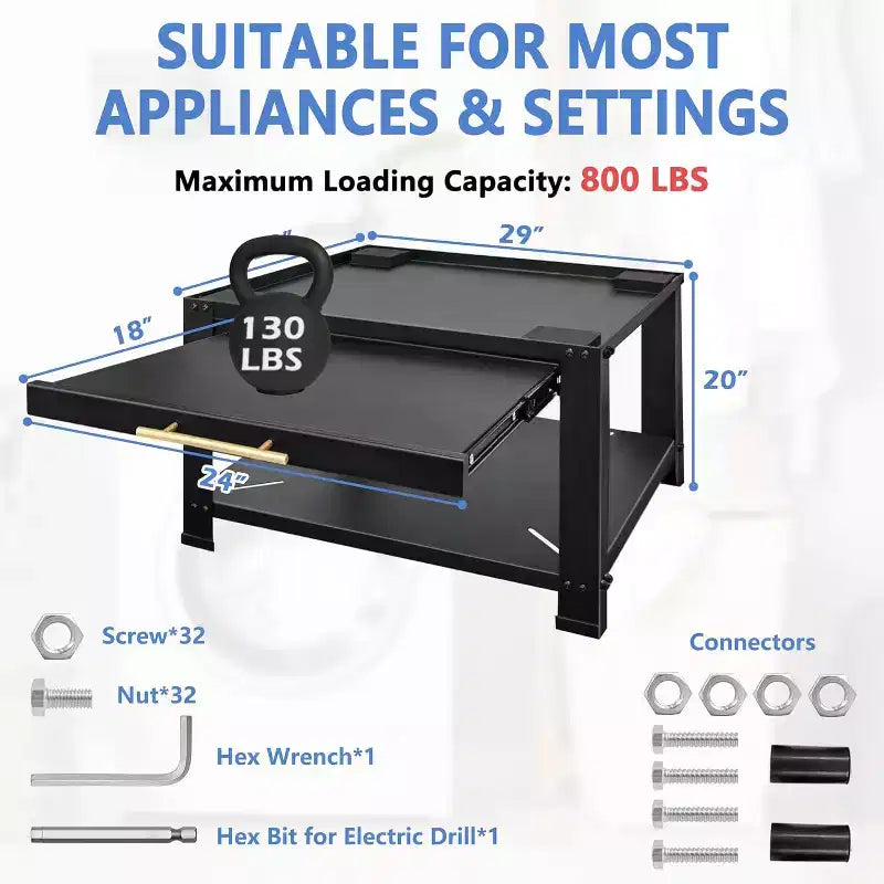 Pied de lave-linge et sèche-linge robuste de 74 cm, étagère coulissante anti-vibration avec base de rangement, capacité de 362 kg