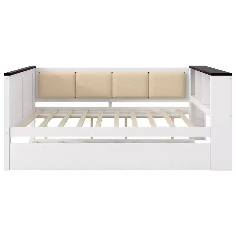 Lit de repos en bois Gibson avec étagères de rangement et dossier rembourré