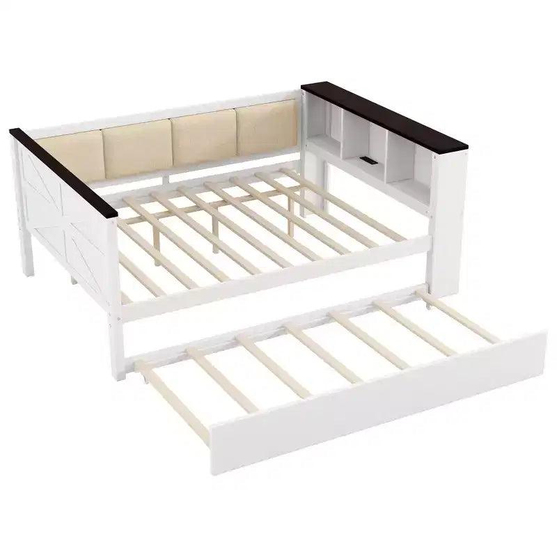 Lit de repos en bois Gibson avec étagères de rangement et dossier rembourré