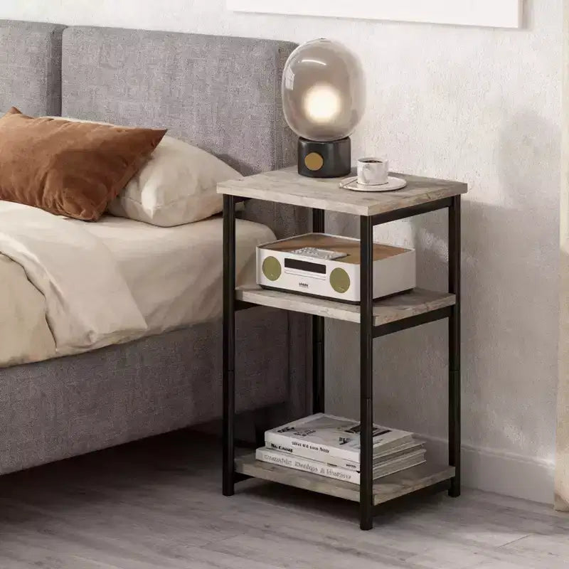 Table d'appoint à 3 niveaux, Table d'appoint haute avec cadre en métal, Tables de canapé avec rangement pour salon, Étagère de rangement de chevet pour chambre à coucher, Salle de bain