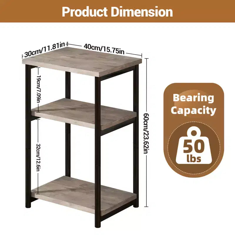 Table d'appoint à 3 niveaux, Table d'appoint haute avec cadre en métal, Tables de canapé avec rangement pour salon, Étagère de rangement de chevet pour chambre à coucher, Salle de bain