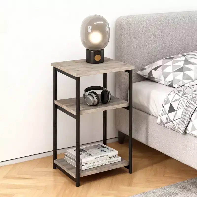 Table d'appoint à 3 niveaux, Table d'appoint haute avec cadre en métal, Tables de canapé avec rangement pour salon, Étagère de rangement de chevet pour chambre à coucher, Salle de bain