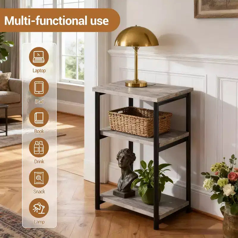 Table d'appoint à 3 niveaux, Table d'appoint haute avec cadre en métal, Tables de canapé avec rangement pour salon, Étagère de rangement de chevet pour chambre à coucher, Salle de bain
