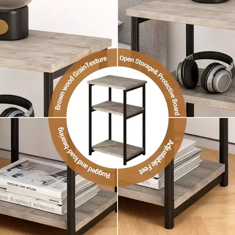 Table d'appoint à 3 niveaux, Table d'appoint haute avec cadre en métal, Tables de canapé avec rangement pour salon, Étagère de rangement de chevet pour chambre à coucher, Salle de bain