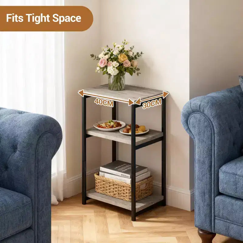 Table d'appoint à 3 niveaux, Table d'appoint haute avec cadre en métal, Tables de canapé avec rangement pour salon, Étagère de rangement de chevet pour chambre à coucher, Salle de bain