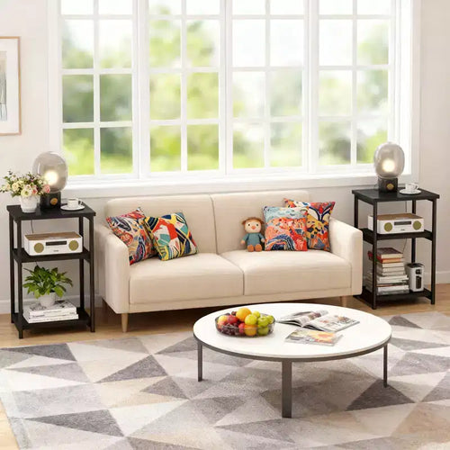 Table d'appoint à 3 niveaux, Table d'appoint haute avec cadre en métal, Tables de canapé avec rangement pour salon, Étagère de rangement de chevet pour chambre à coucher, Salle de bain