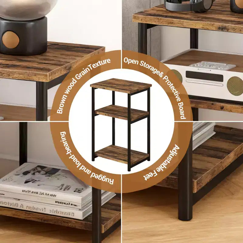 Table d'appoint à 3 niveaux, Table d'appoint haute avec cadre en métal, Tables de canapé avec rangement pour salon, Étagère de rangement de chevet pour chambre à coucher, Salle de bain