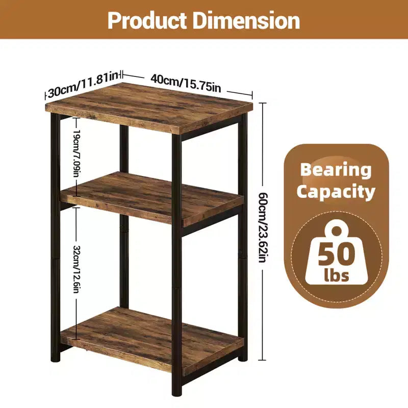 Table d'appoint à 3 niveaux, Table d'appoint haute avec cadre en métal, Tables de canapé avec rangement pour salon, Étagère de rangement de chevet pour chambre à coucher, Salle de bain