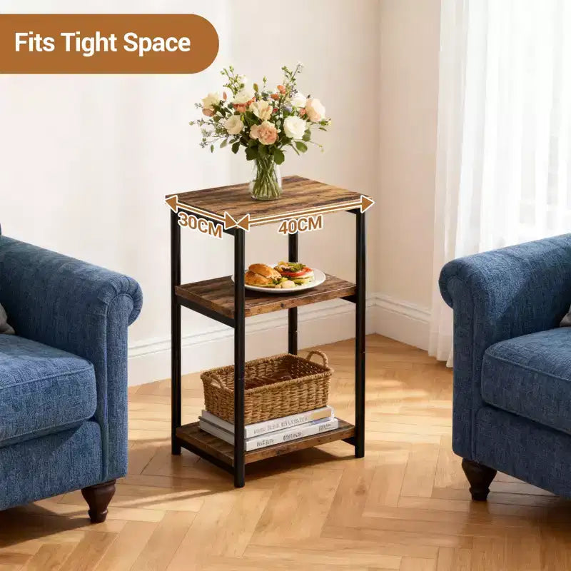 Table d'appoint à 3 niveaux, Table d'appoint haute avec cadre en métal, Tables de canapé avec rangement pour salon, Étagère de rangement de chevet pour chambre à coucher, Salle de bain
