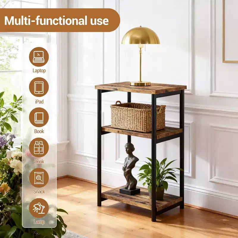 Table d'appoint à 3 niveaux, Table d'appoint haute avec cadre en métal, Tables de canapé avec rangement pour salon, Étagère de rangement de chevet pour chambre à coucher, Salle de bain