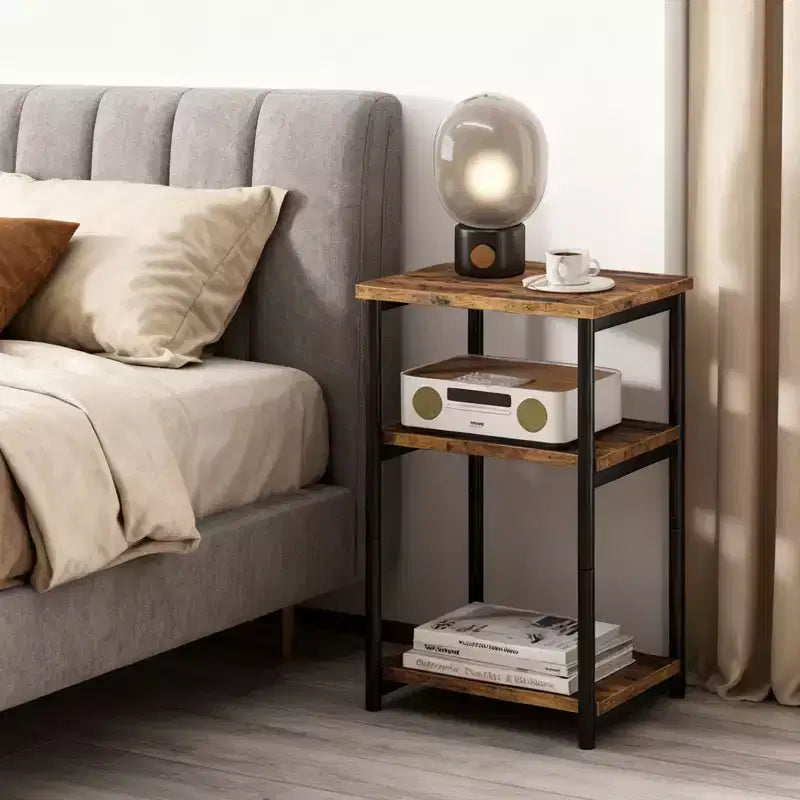 Table d'appoint à 3 niveaux, Table d'appoint haute avec cadre en métal, Tables de canapé avec rangement pour salon, Étagère de rangement de chevet pour chambre à coucher, Salle de bain