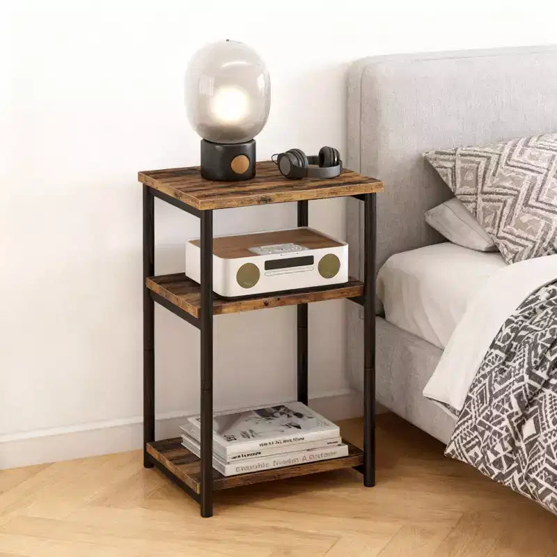 Table d'appoint à 3 niveaux, Table d'appoint haute avec cadre en métal, Tables de canapé avec rangement pour salon, Étagère de rangement de chevet pour chambre à coucher, Salle de bain