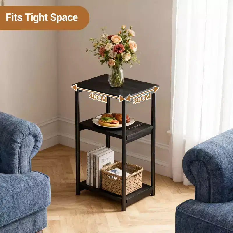 Table d'appoint à 3 niveaux, Table d'appoint haute avec cadre en métal, Tables de canapé avec rangement pour salon, Étagère de rangement de chevet pour chambre à coucher, Salle de bain
