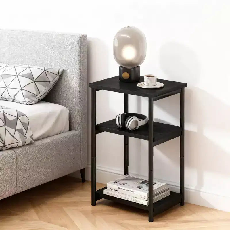 Table d'appoint à 3 niveaux, Table d'appoint haute avec cadre en métal, Tables de canapé avec rangement pour salon, Étagère de rangement de chevet pour chambre à coucher, Salle de bain