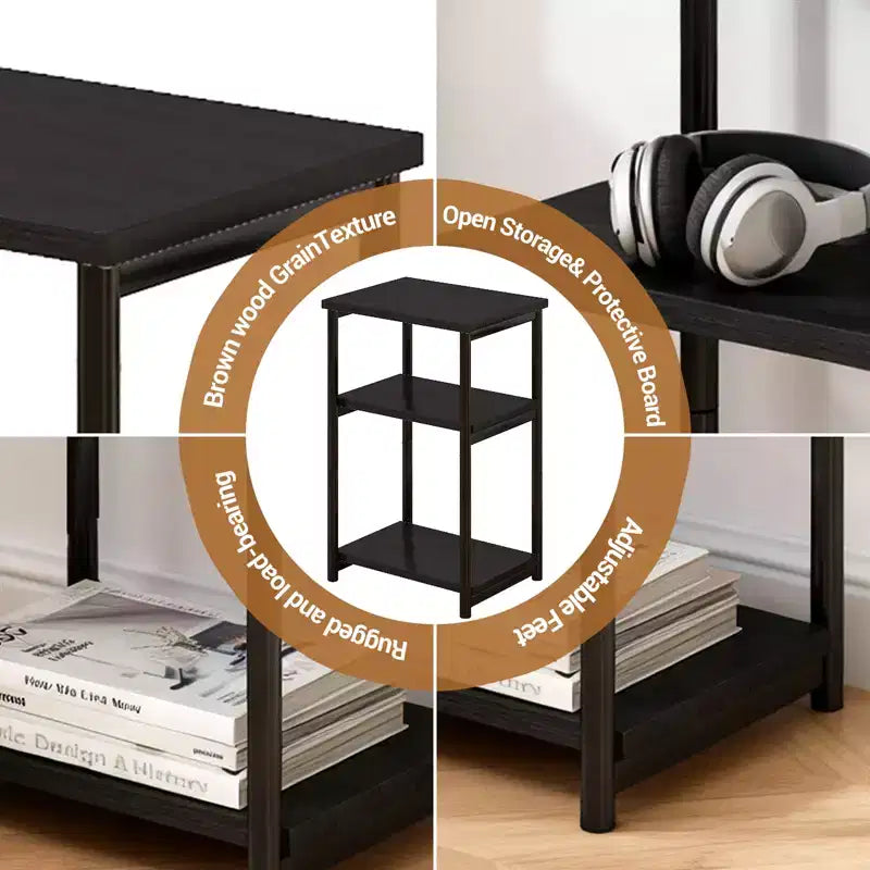 Table d'appoint à 3 niveaux, Table d'appoint haute avec cadre en métal, Tables de canapé avec rangement pour salon, Étagère de rangement de chevet pour chambre à coucher, Salle de bain