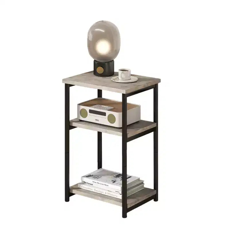 Table d'appoint à 3 niveaux, Table d'appoint haute avec cadre en métal, Tables de canapé avec rangement pour salon, Étagère de rangement de chevet pour chambre à coucher, Salle de bain