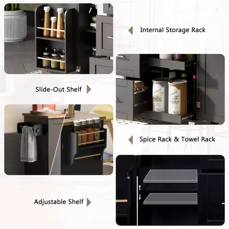 MAYEERTY Îlot de cuisine noir roulant avec dessus en bois d'hévéa, 3 tiroirs, 2 étagères coulissantes, étagère à épices, étagère tour