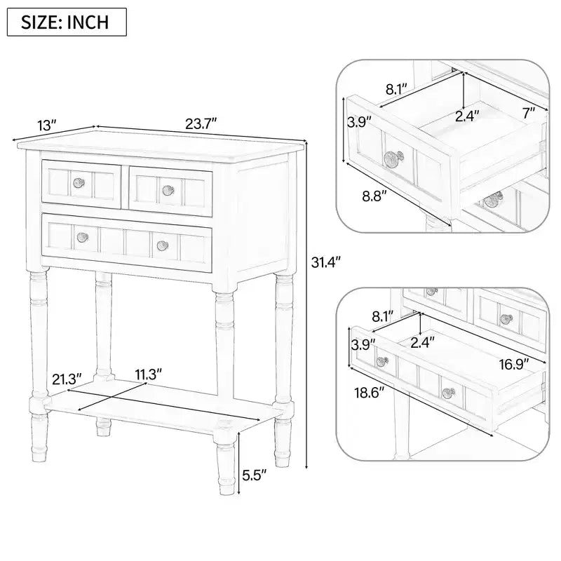Petite console rétro avec tiroirs et étagère inférieure, table d'entrée rustique en bois avec rangement, table d'appoint étroite en bois pour entrée