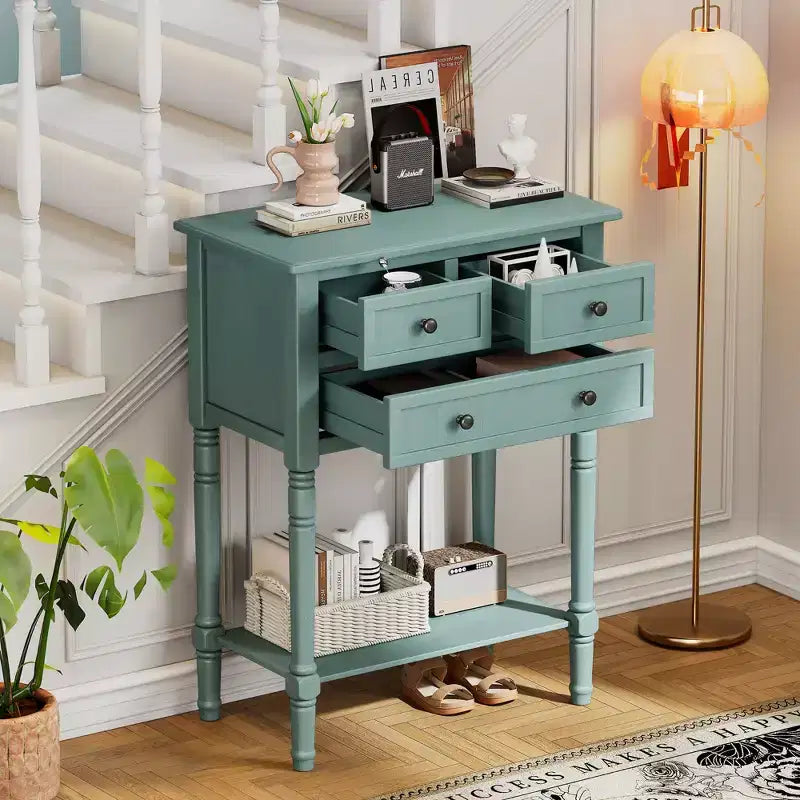 Petite console rétro avec tiroirs et étagère inférieure, table d'entrée rustique en bois avec rangement, table d'appoint étroite en bois pour entrée