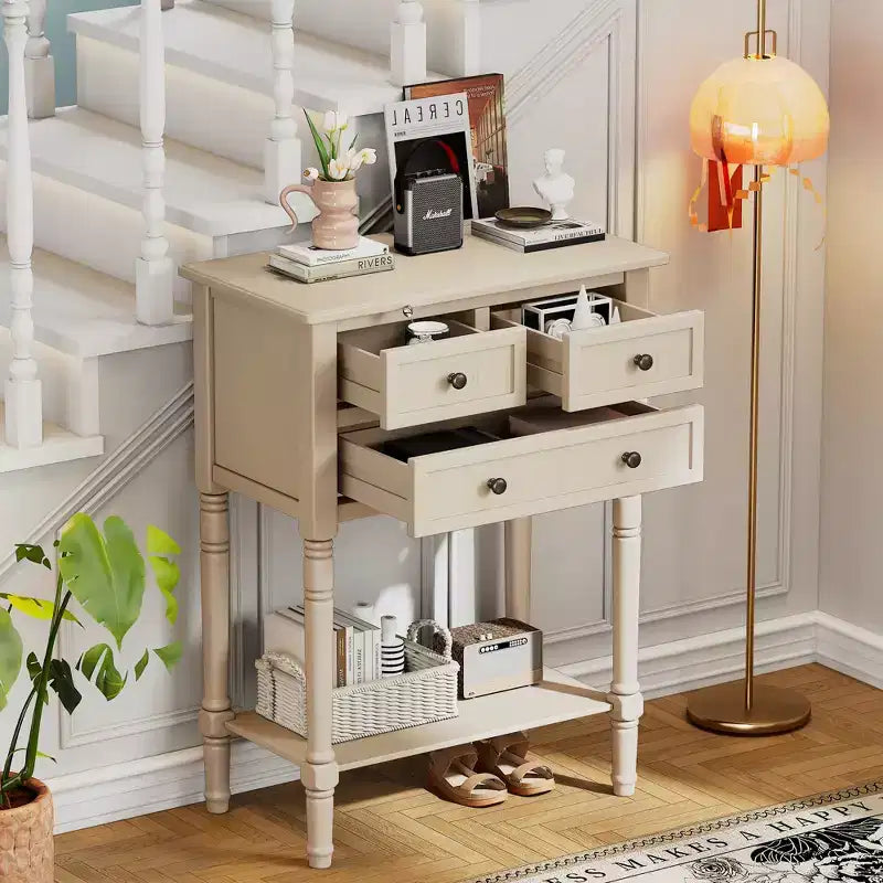 Petite console rétro avec tiroirs et étagère inférieure, table d'entrée rustique en bois avec rangement, table d'appoint étroite en bois pour entrée