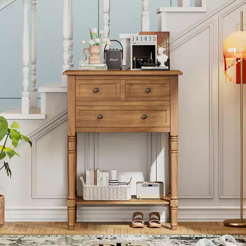 Petite console rétro avec tiroirs et étagère inférieure, table d'entrée rustique en bois avec rangement, table d'appoint étroite en bois pour entrée
