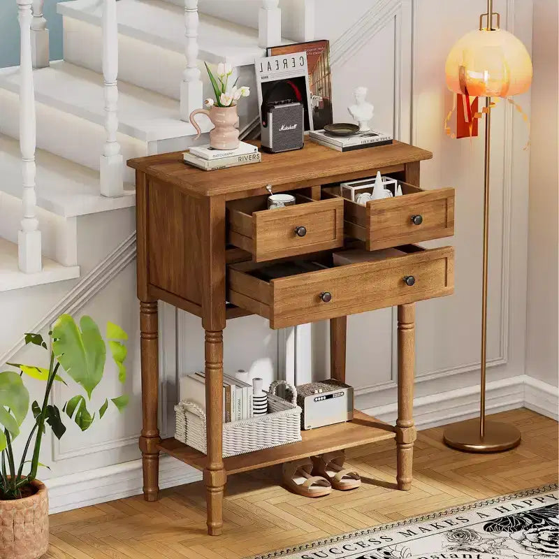 Petite console rétro avec tiroirs et étagère inférieure, table d'entrée rustique en bois avec rangement, table d'appoint étroite en bois pour entrée