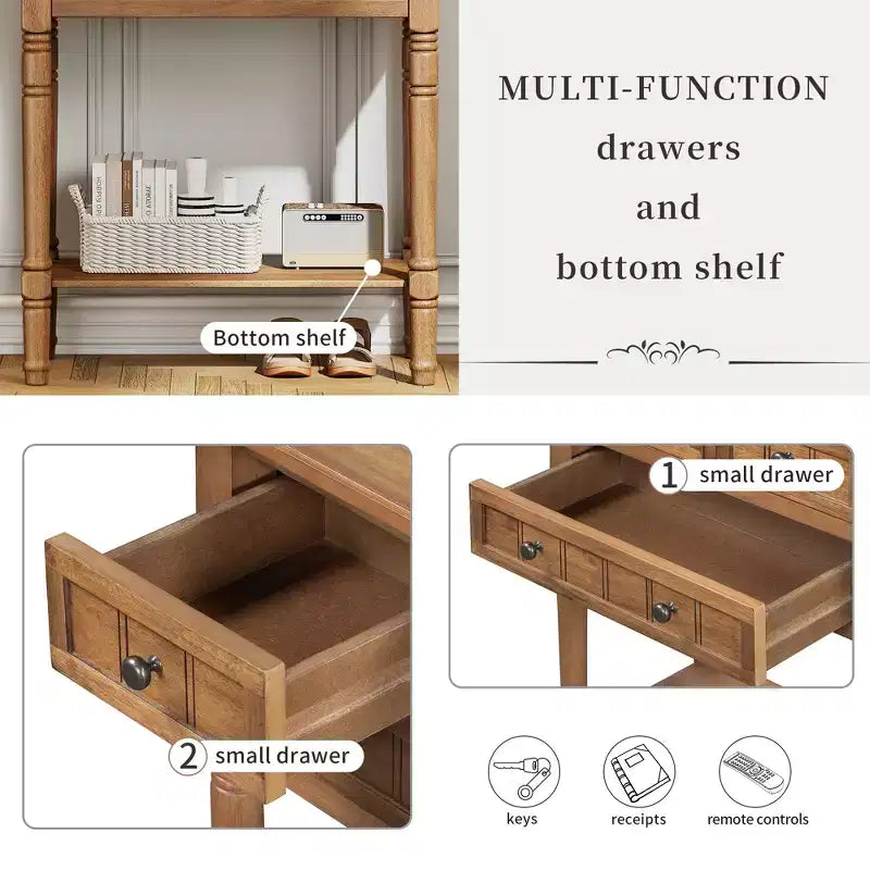 Petite console rétro avec tiroirs et étagère inférieure, table d'entrée rustique en bois avec rangement, table d'appoint étroite en bois pour entrée