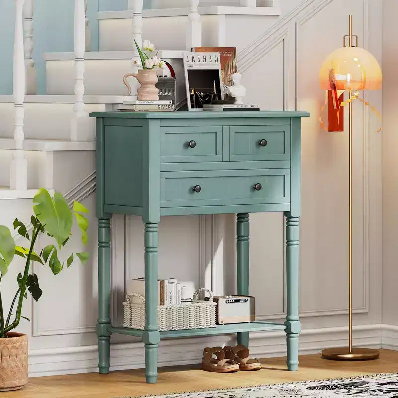 Petite console rétro avec tiroirs et étagère inférieure, table d'entrée rustique en bois avec rangement, table d'appoint étroite en bois pour entrée