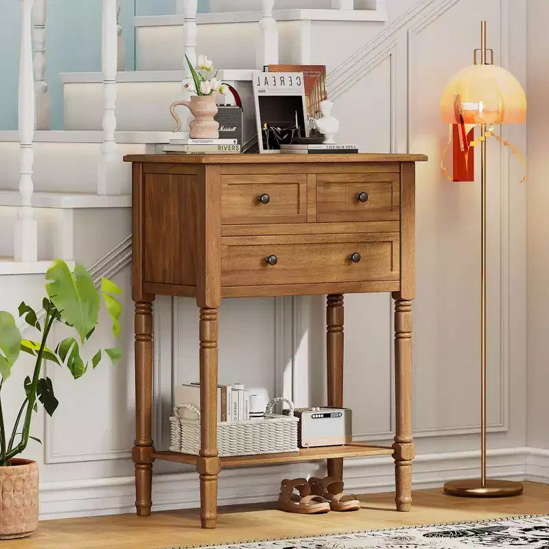 Petite console rétro avec tiroirs et étagère inférieure, table d'entrée rustique en bois avec rangement, table d'appoint étroite en bois pour entrée