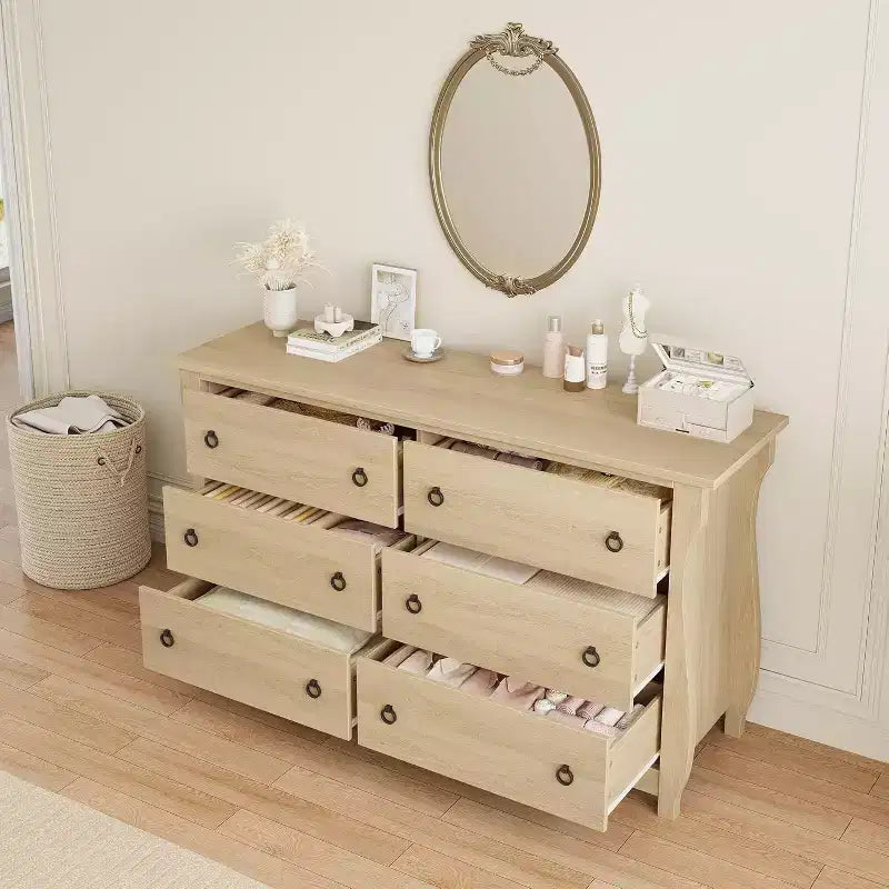 Commode 6 tiroirs avec portes coulissantes - Armoire de rangement moderne sur pied pour chambre ou salon, design large