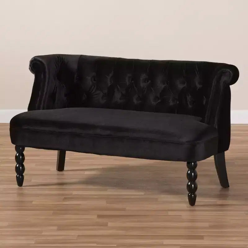 Causeuse 2 places en tissu velours contemporain de style victorien Flax, noir, en polyester élégant, design capitonné, cadre en bois