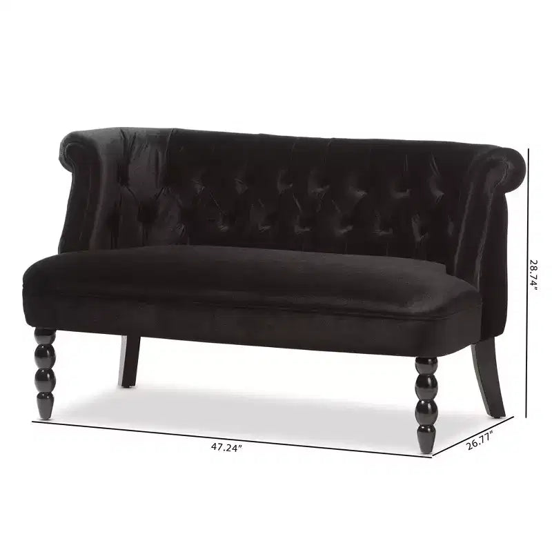 Causeuse 2 places en tissu velours contemporain de style victorien Flax, noir, en polyester élégant, design capitonné, cadre en bois