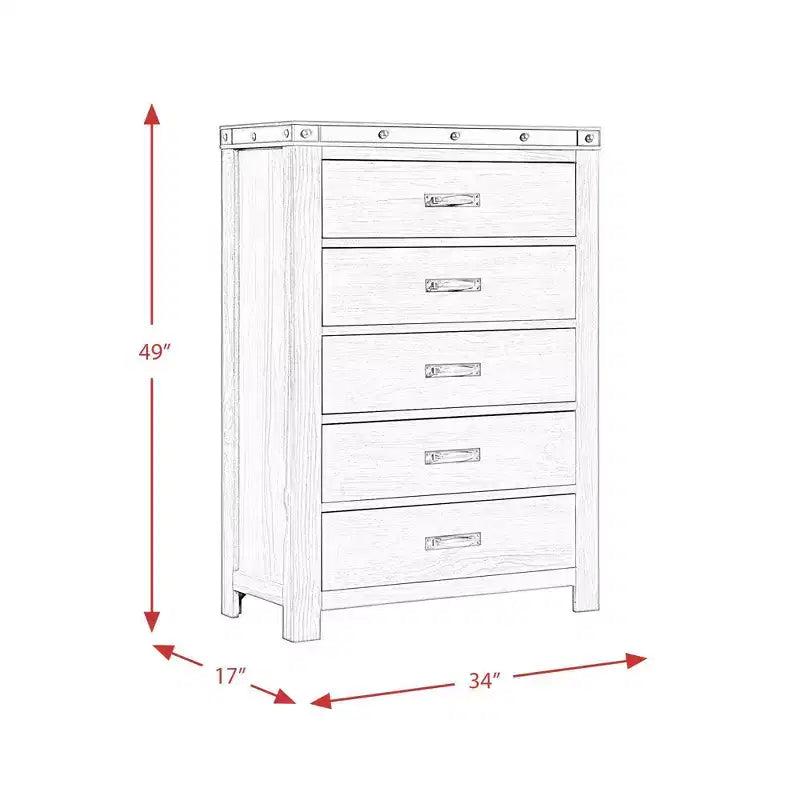 Commode Montauk grise à 5 tiroirs, Rangement spacieux, Poignées métalliques, Meuble de chambre