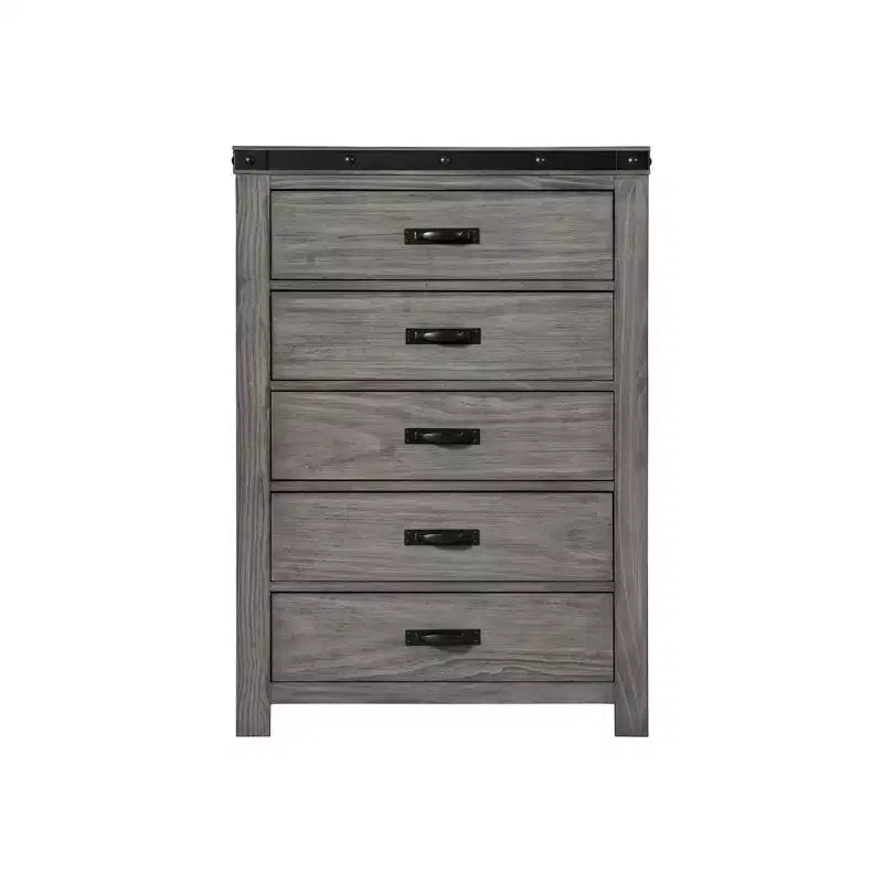 Commode Montauk grise à 5 tiroirs, Rangement spacieux, Poignées métalliques, Meuble de chambre