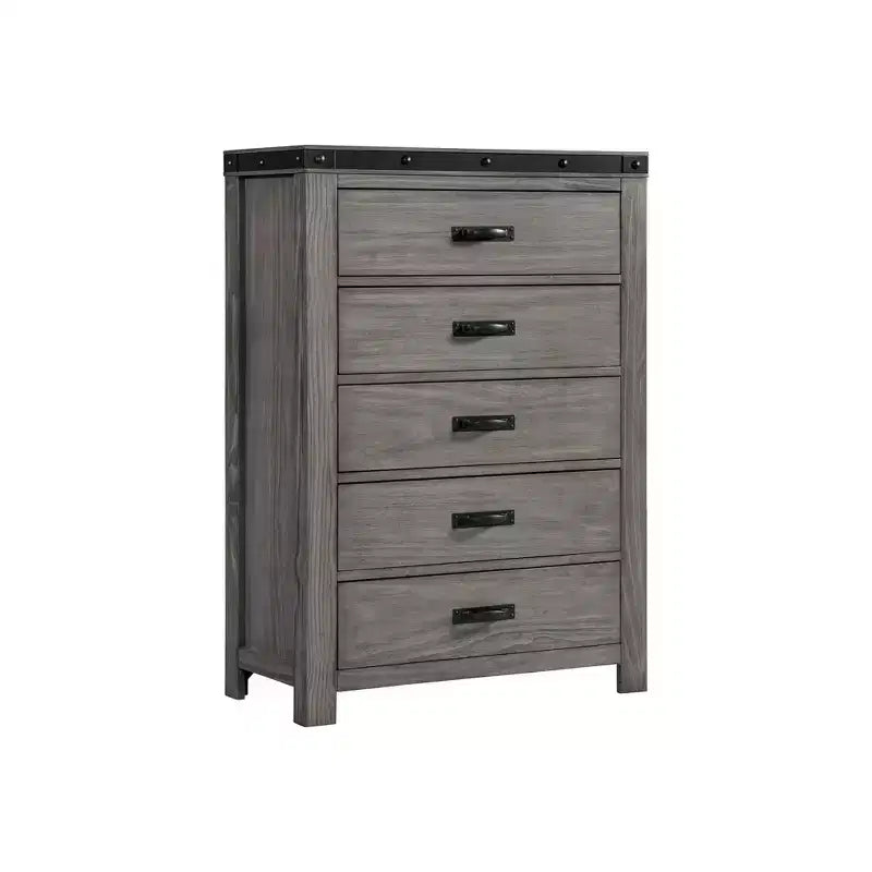 Commode Montauk grise à 5 tiroirs, Rangement spacieux, Poignées métalliques, Meuble de chambre