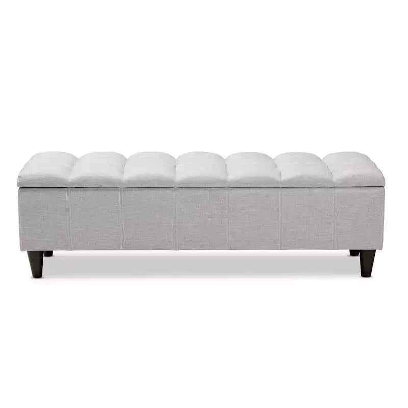 Banc de rangement en bois fini Brette, ottoman gris-beige, milieu de siècle moderne, capitonné, cadre en bois d'hévéa, capacité de 113 kg